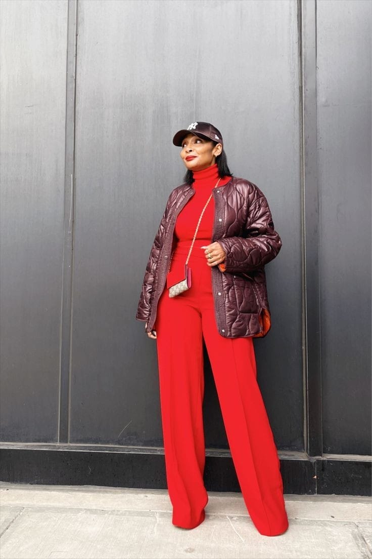 Red Turtleneck and Wide-Leg Pants with Quilted Jacket